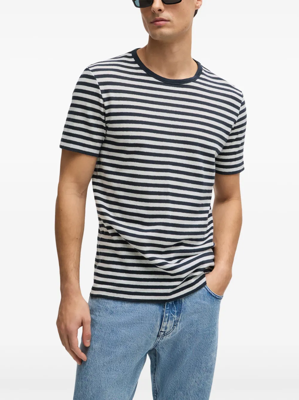 Shop Hugo Boss Striped Cotton-linen T-shirt In Blue