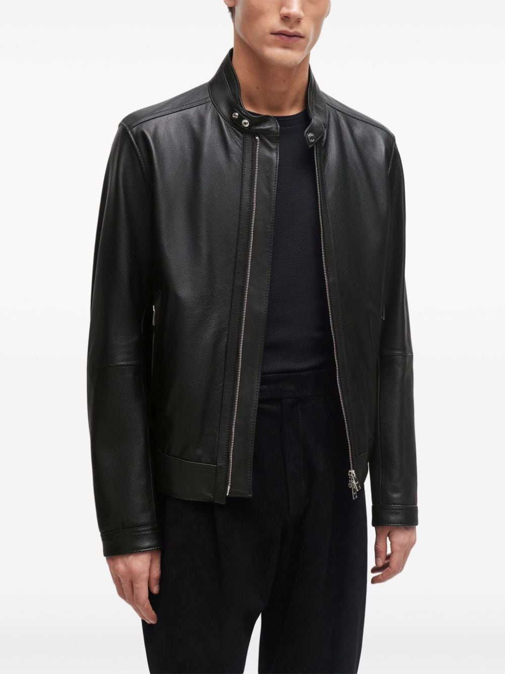 Shop Hugo Boss Band-collar Leather Jacket In Black