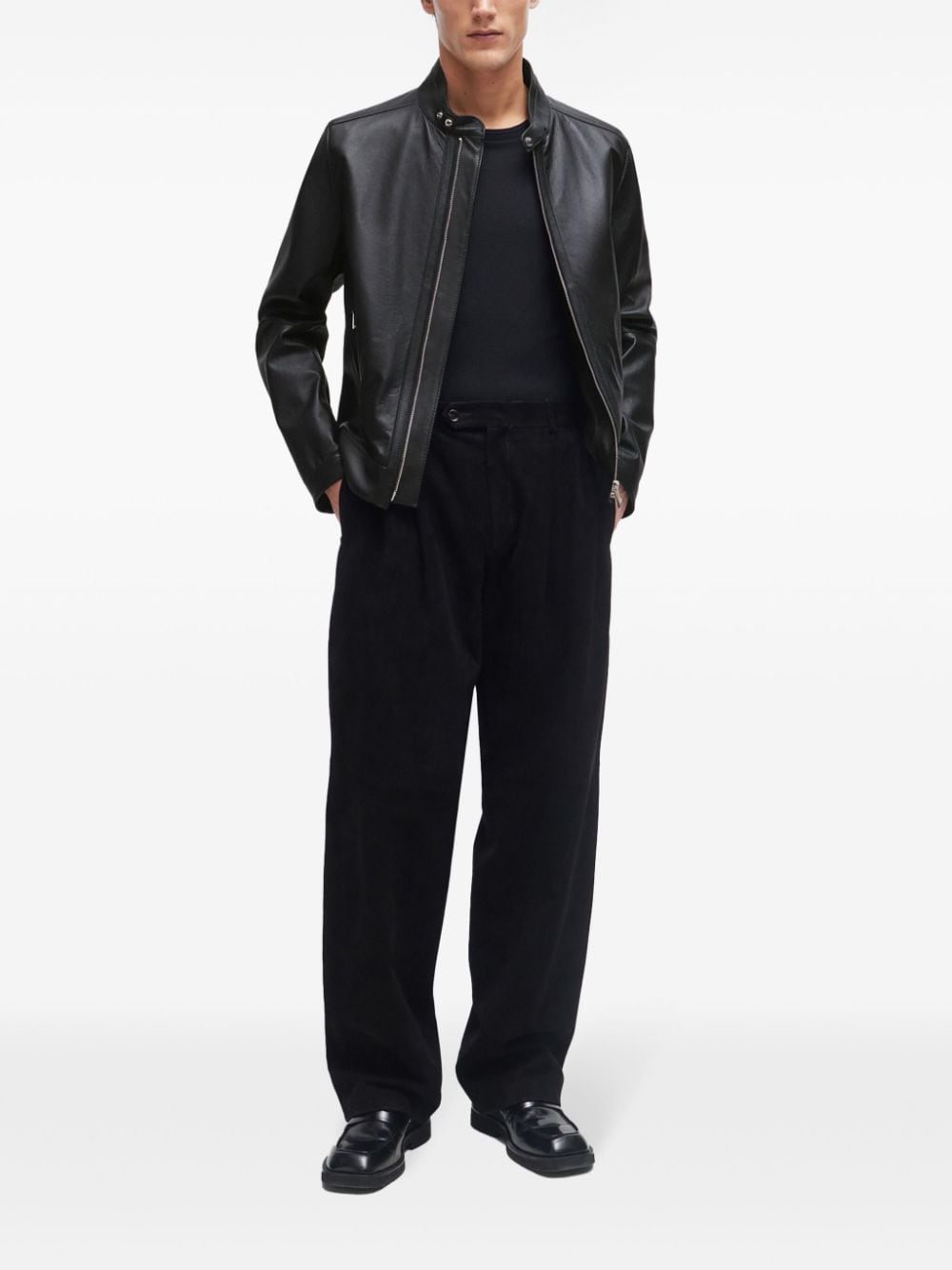 Shop Hugo Boss Band-collar Leather Jacket In Black