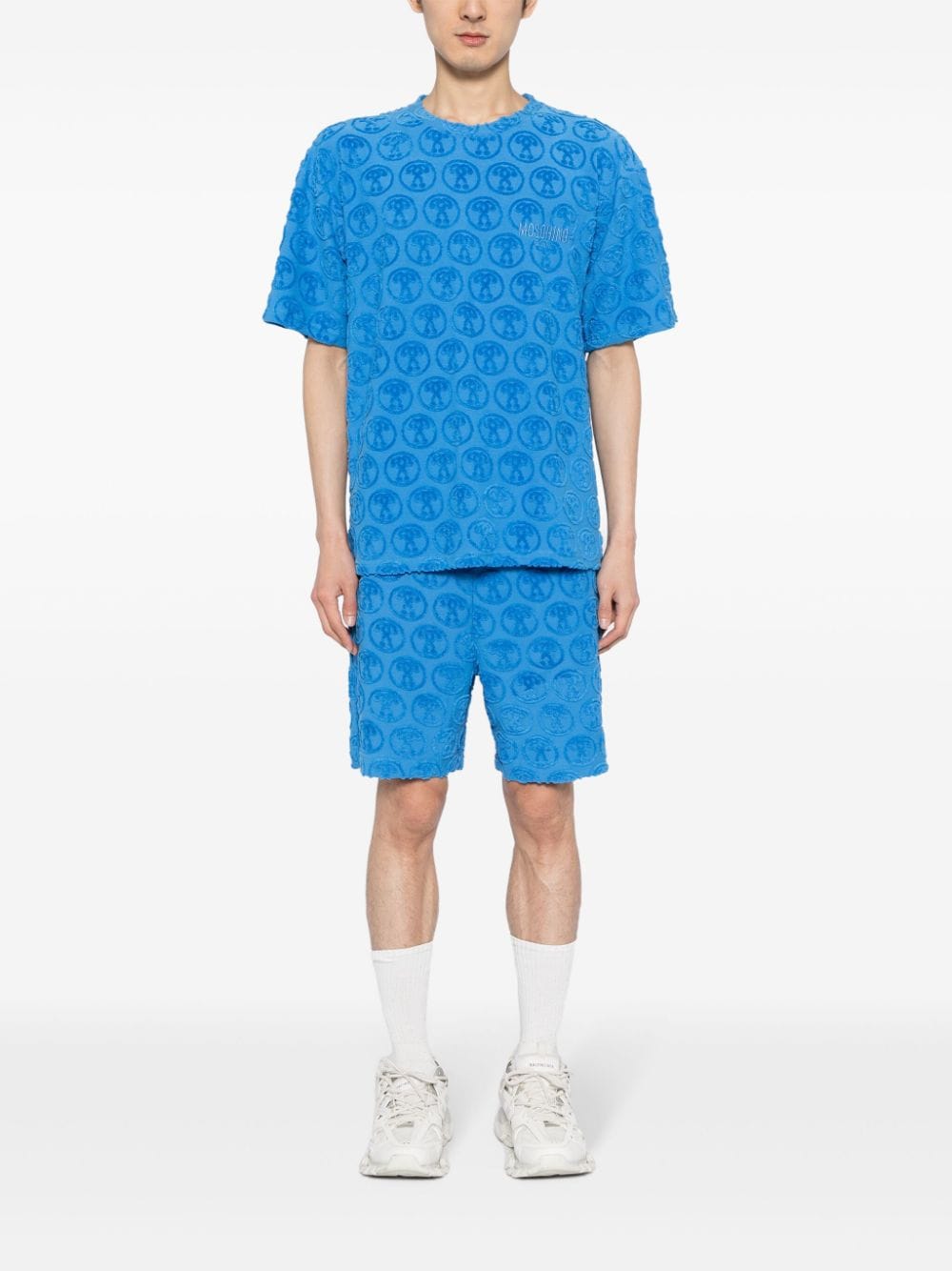 Shop Moschino Flocked Drawstring Track Shorts In Blue