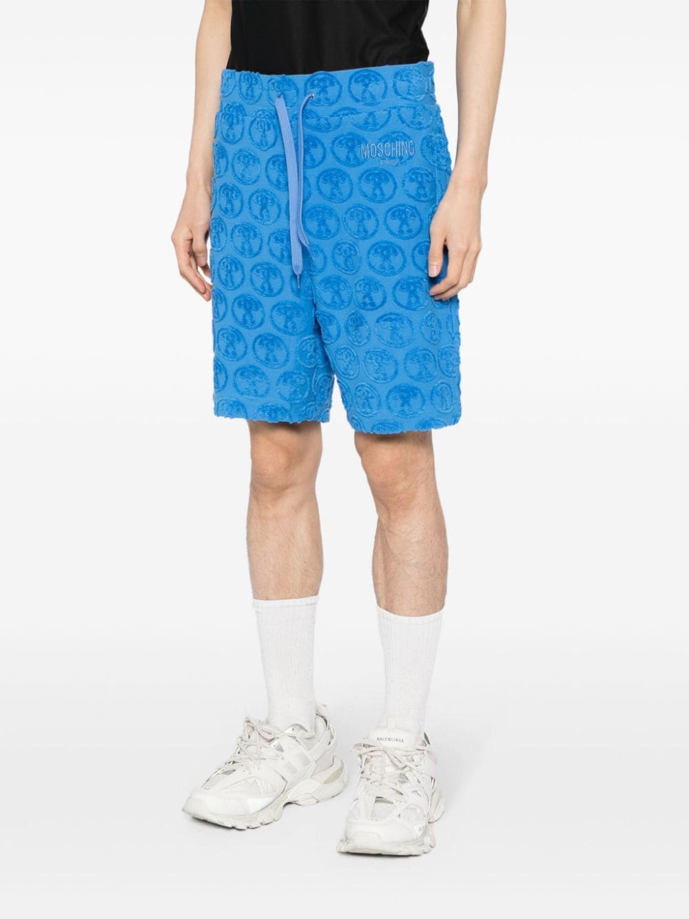 Shop Moschino Flocked Drawstring Track Shorts In Blue