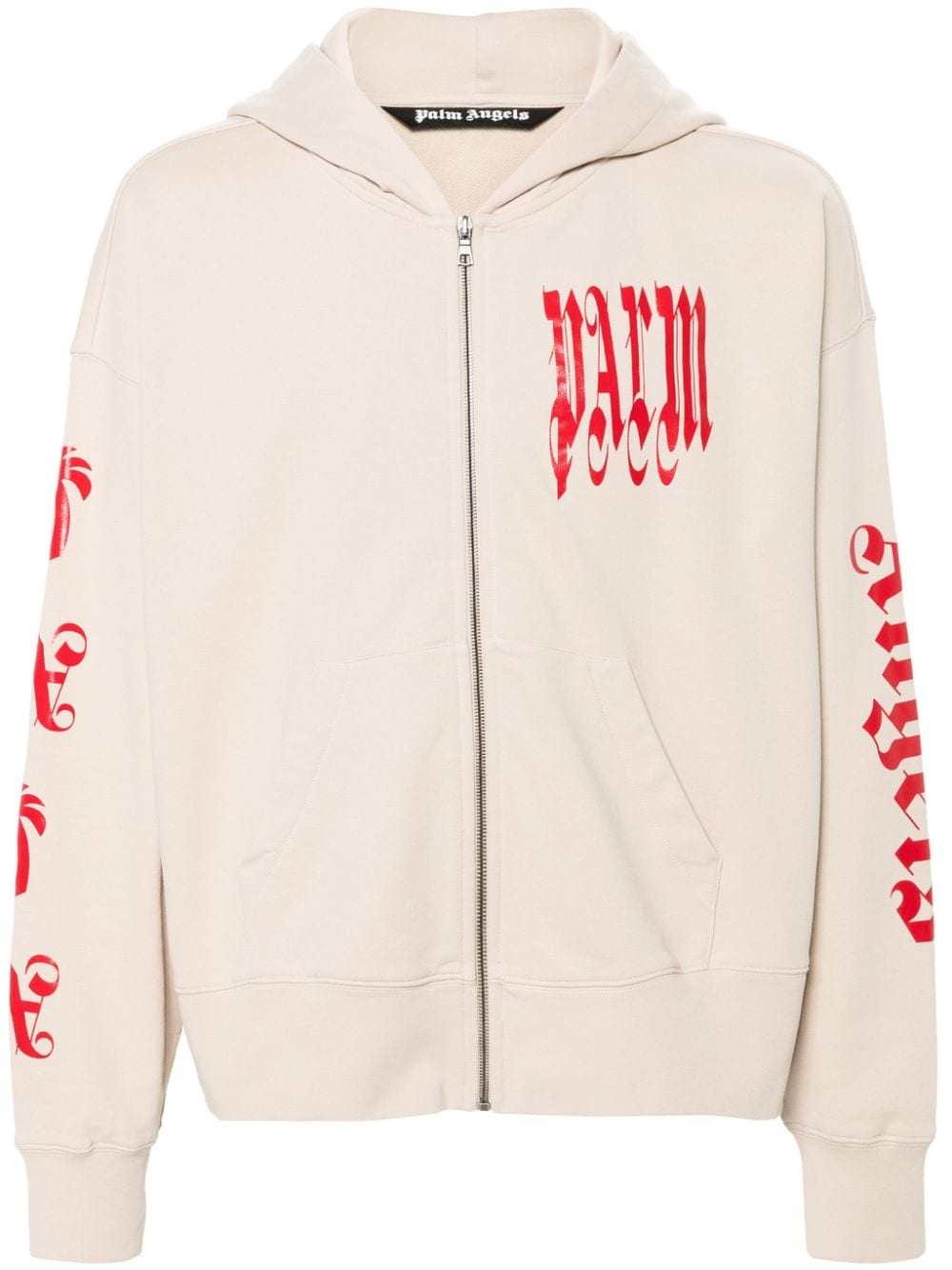 Palm Angels Gothic Logo-print Zipped Hoodie In Neutrals
