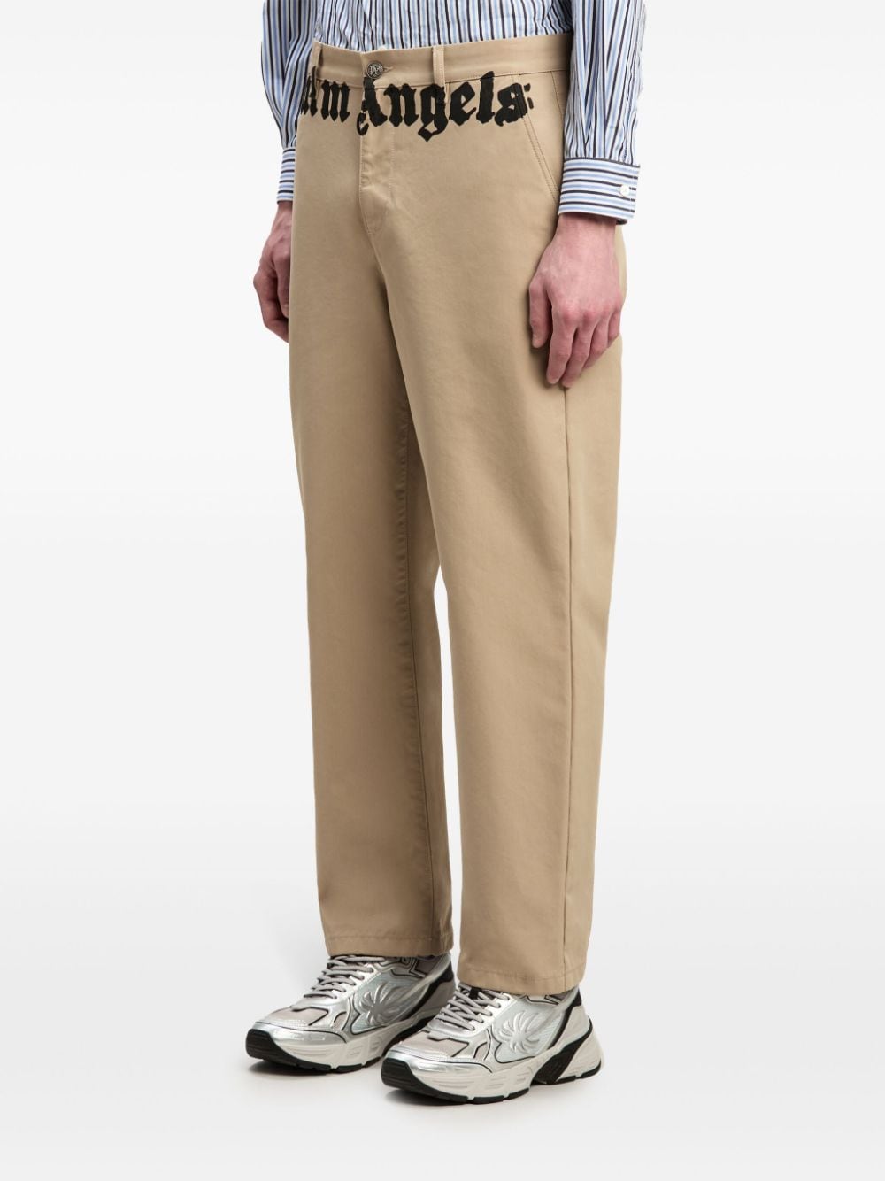 Shop Palm Angels Logo-print Cotton Chinos In Neutrals