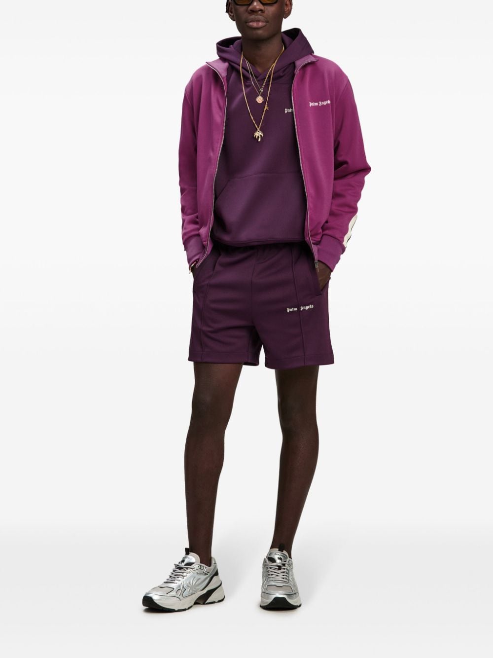 Shop Palm Angels Logo-embroidered Stripe-detail Shorts In Purple