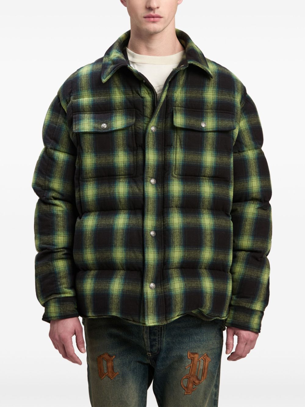 Shop Palm Angels Check-pattern Padded Shirt Jacket In Green