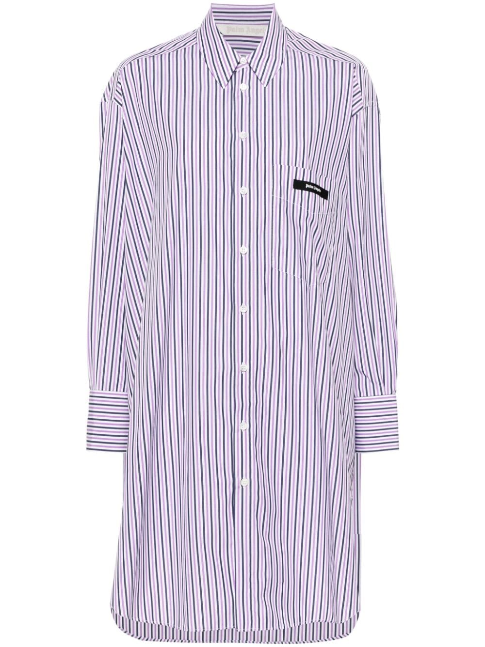 Palm Angels Curved Logo Cotton Shirt Dress In Purple,white