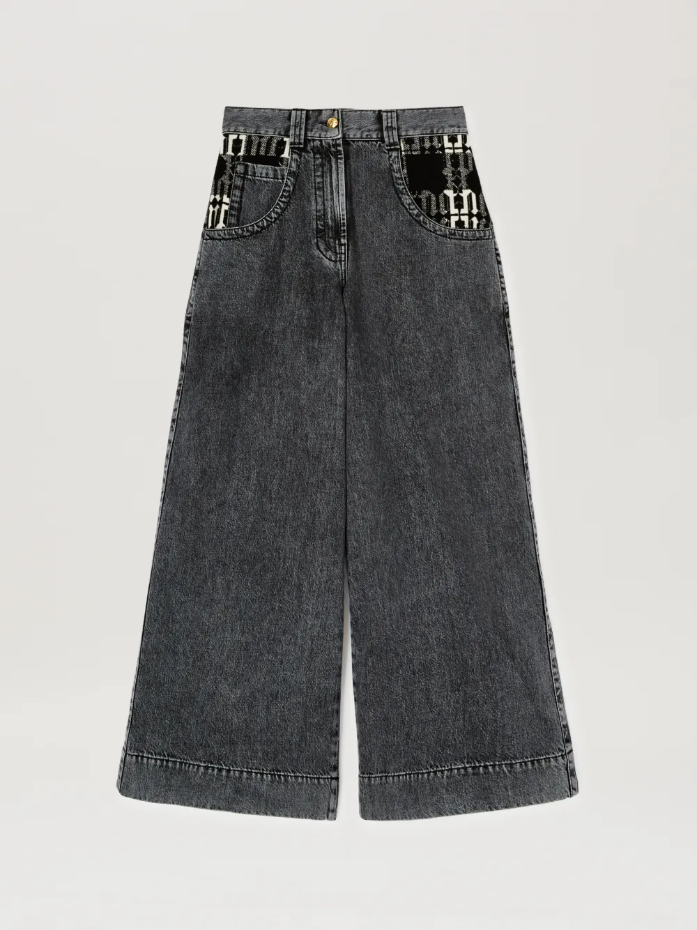 Palm Angels Monogram-pattern Wide-leg Jeans In Grey