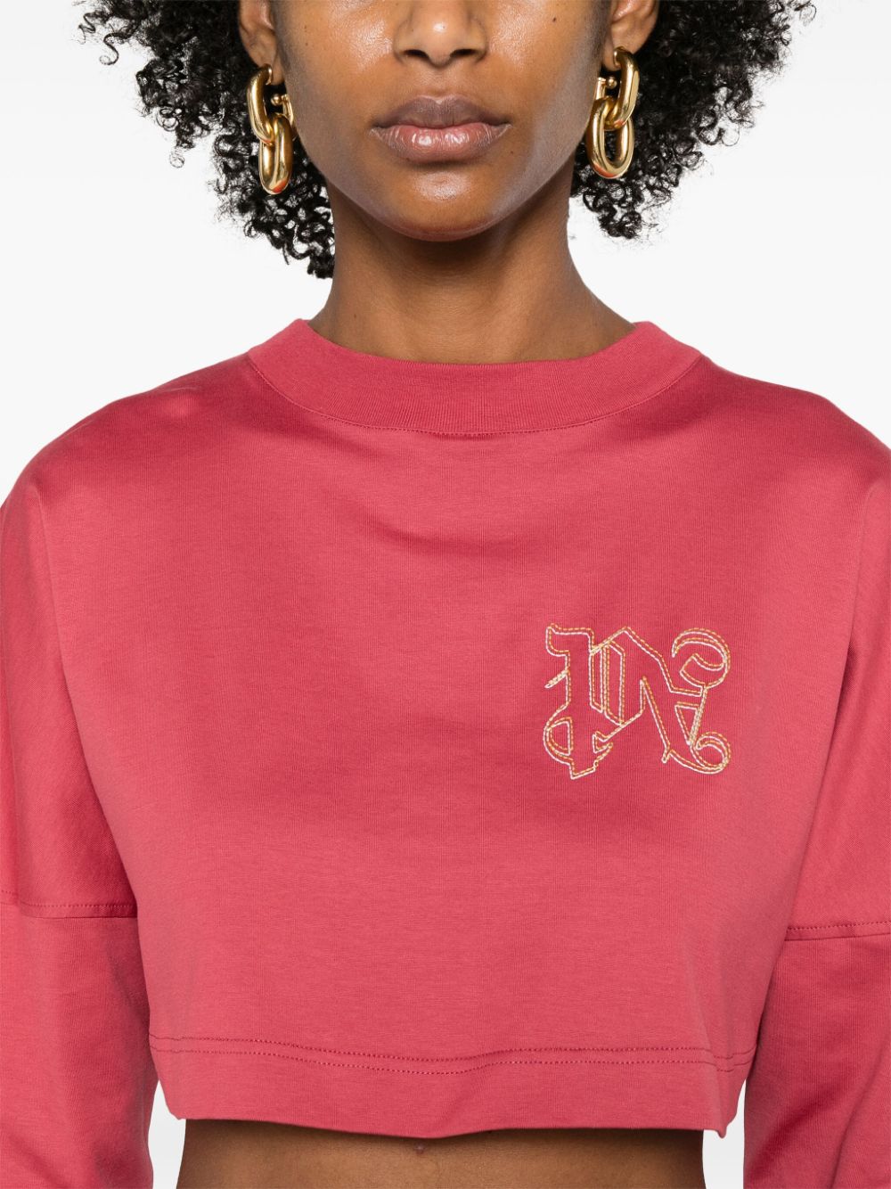 Shop Palm Angels Monogram-embroidered Cropped T-shirt In Red