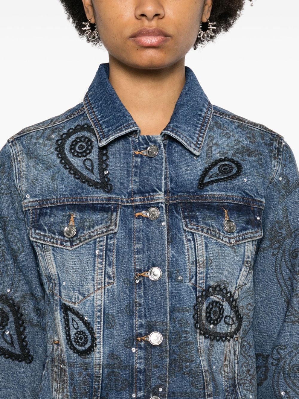 Shop Liu •jo Bandana-pattern Rhinestone Denim Jacket In Blue