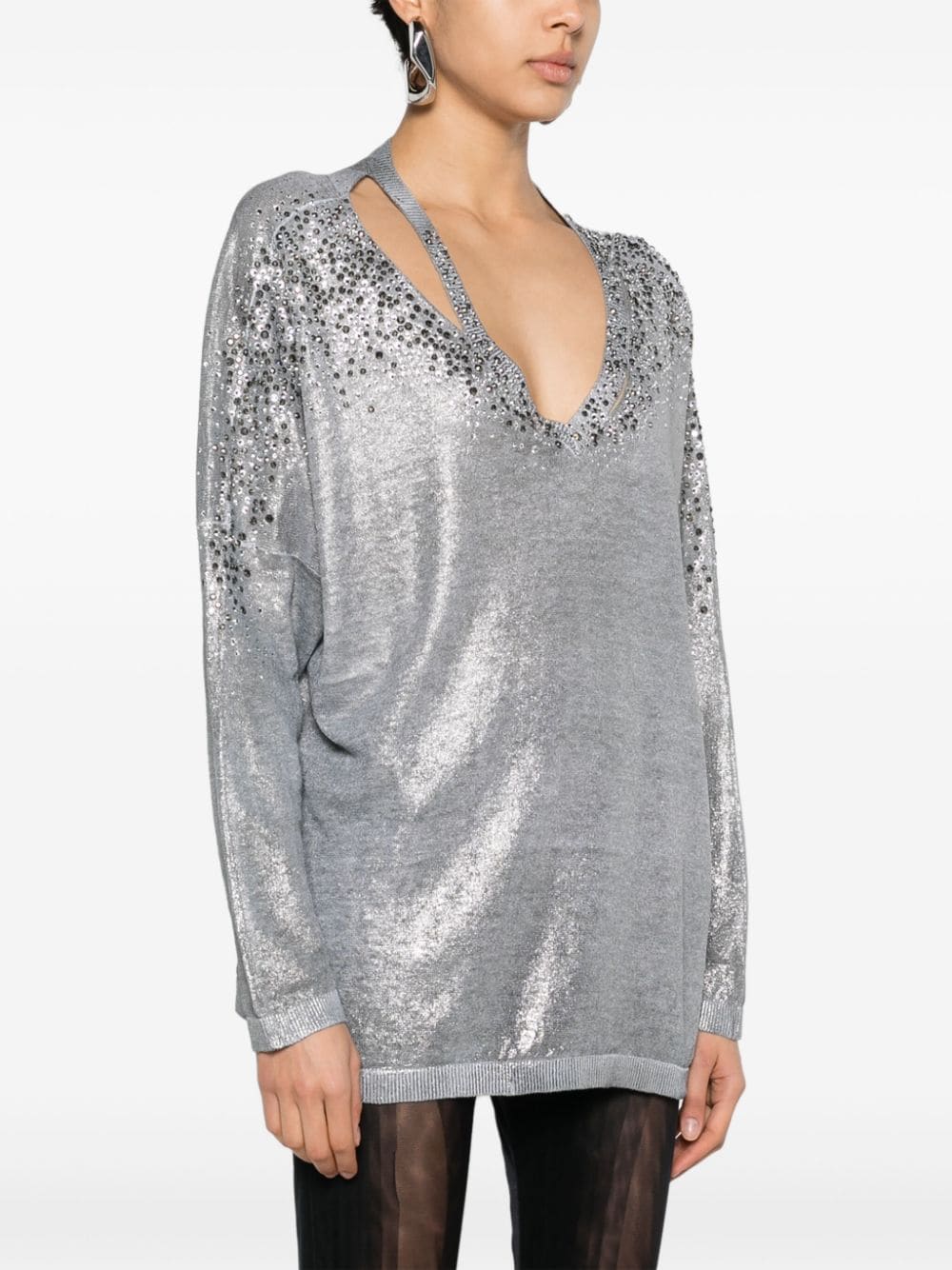 Shop Avant Toi Crystal-embellished V-neck Jumper In Grey