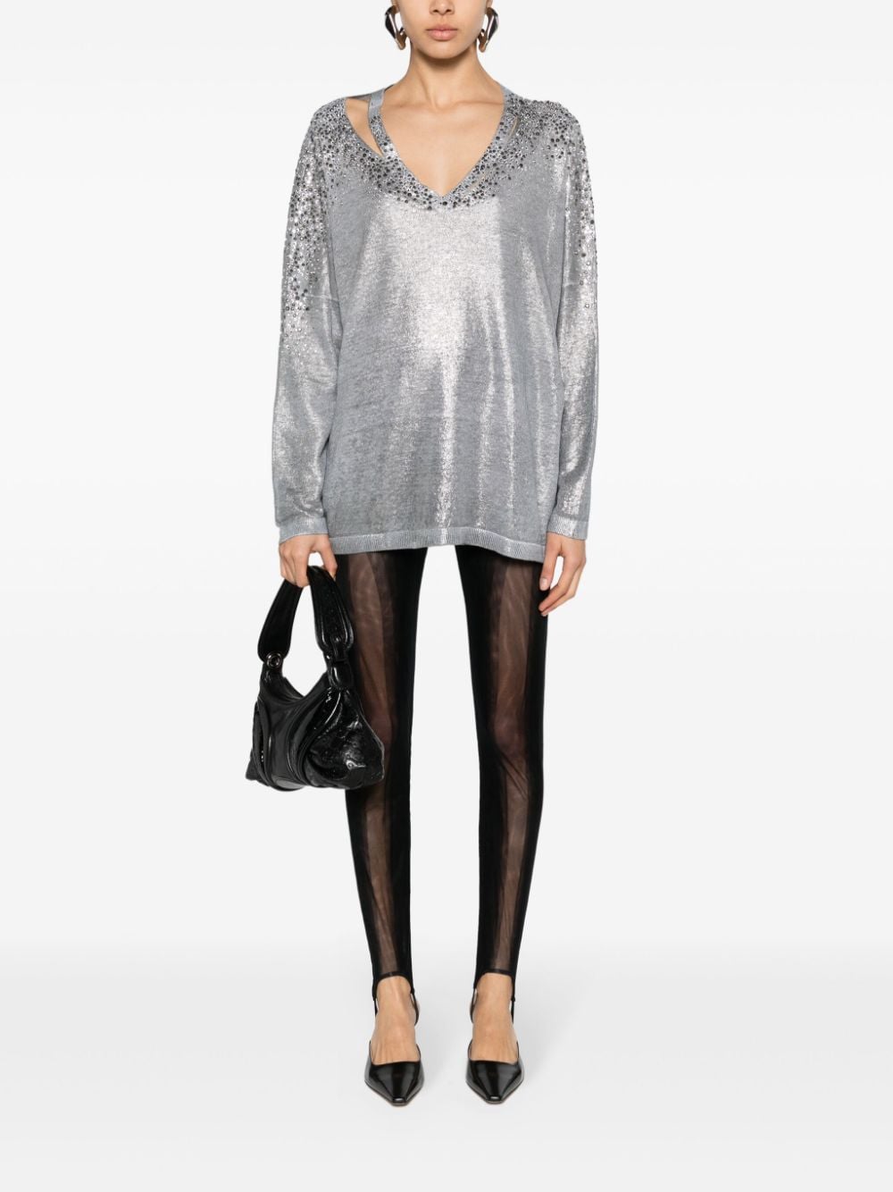 Shop Avant Toi Crystal-embellished V-neck Jumper In Grey