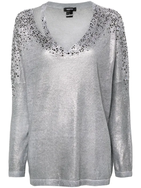 Avant Toi crystal-embellished V-neck Jumper Grey FARFETCH JO