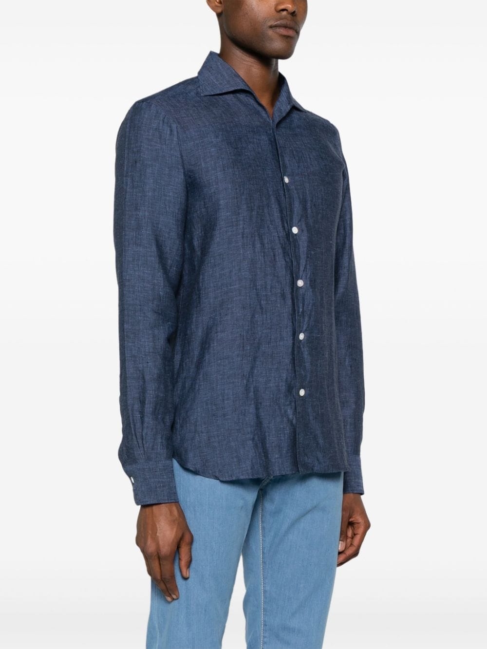Shop Barba Classic-collar Linen Shirt In Blue