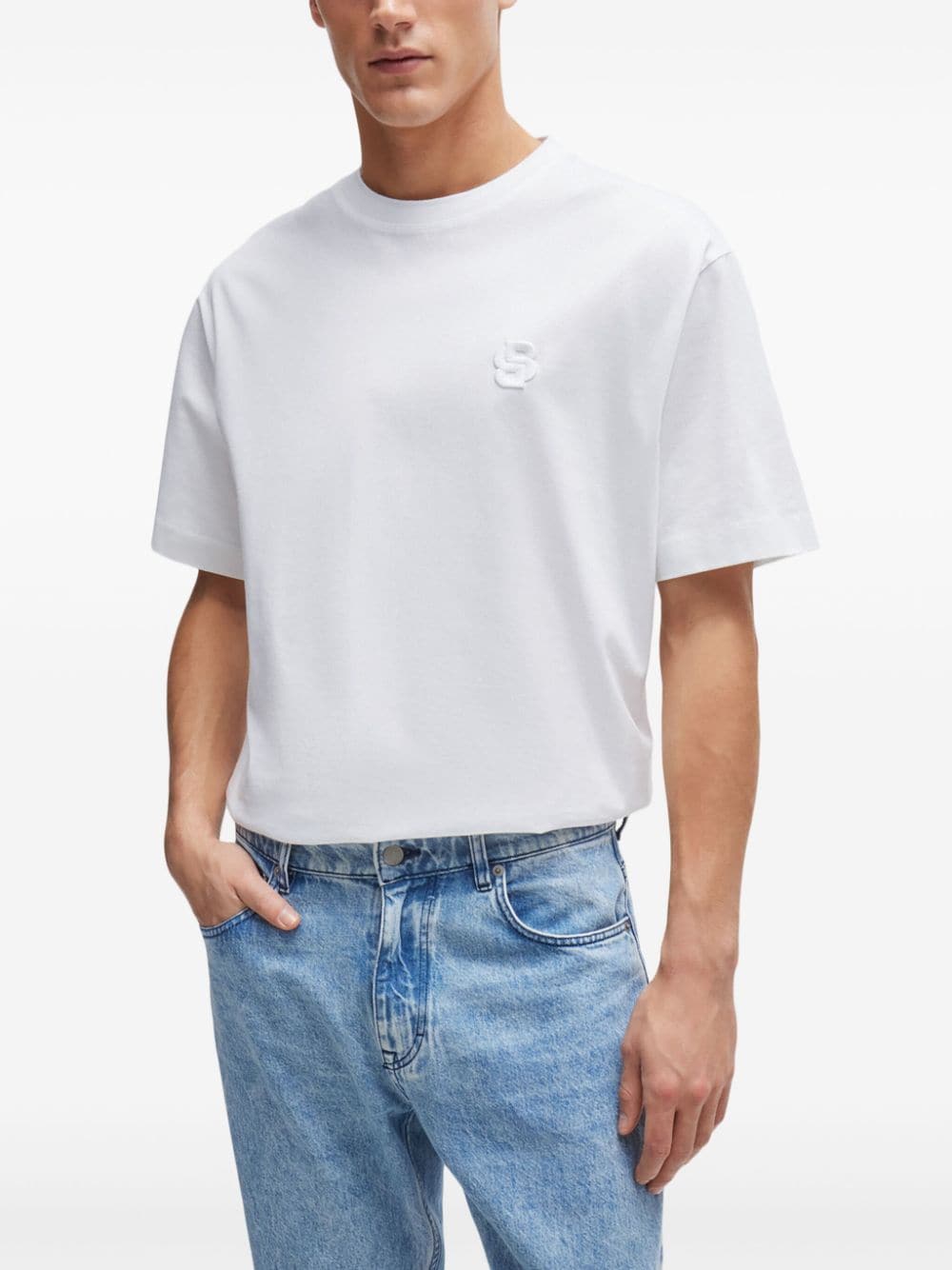 Shop Hugo Boss Logo-embroidery Cotton T-shirt In White