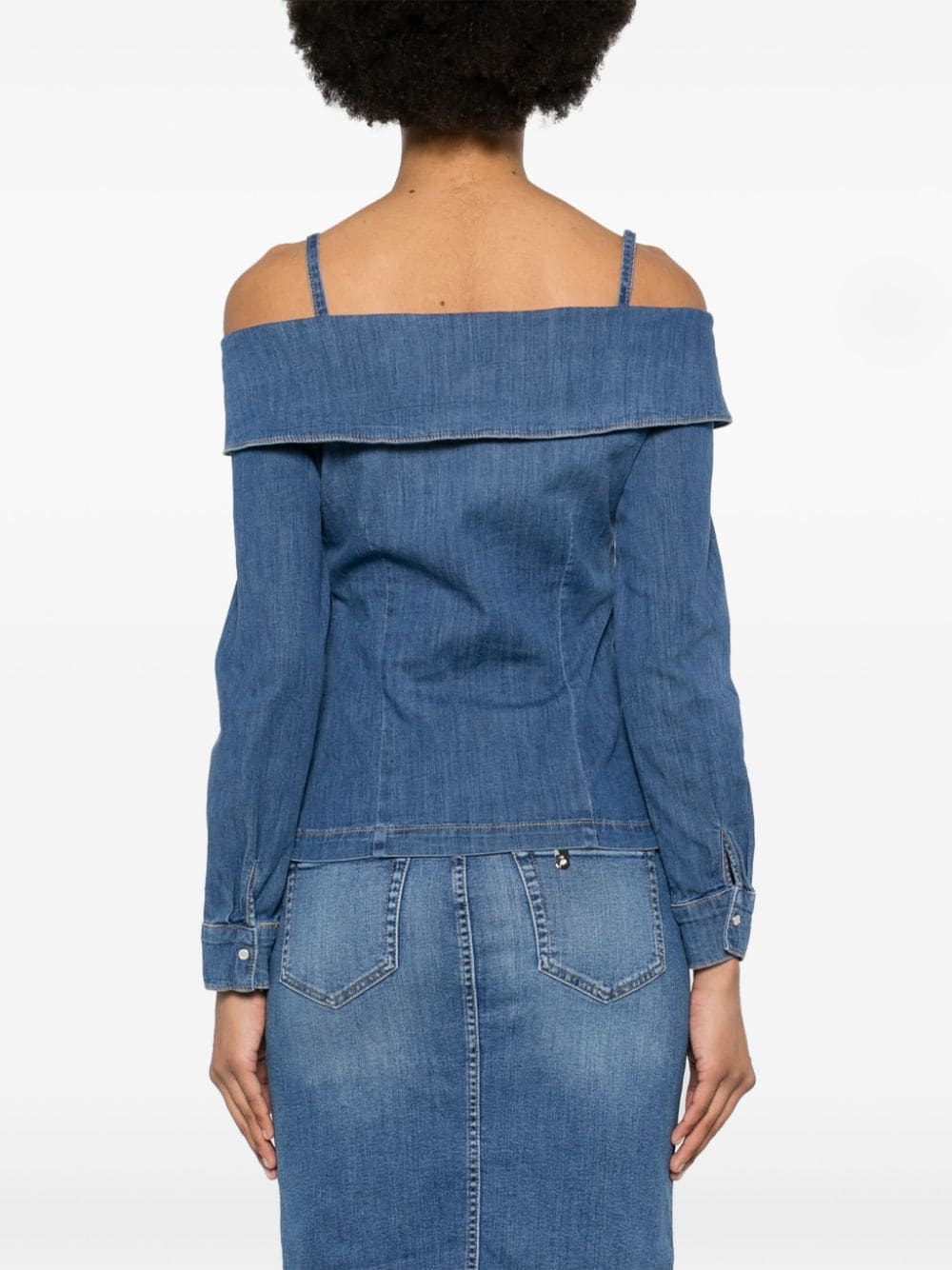 Shop Liu •jo Off-shoulder Denim Shirt In Blue