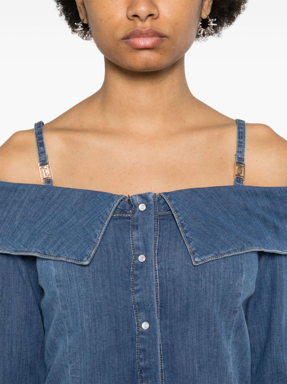 Shop Liu •jo Off-shoulder Denim Shirt In Blue