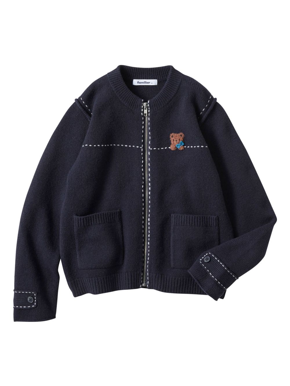Familiar Kids' Bear-embroidered Wool Cardigan In Blue