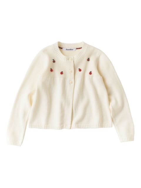 Familiar apple-appliqué knitted cardigan