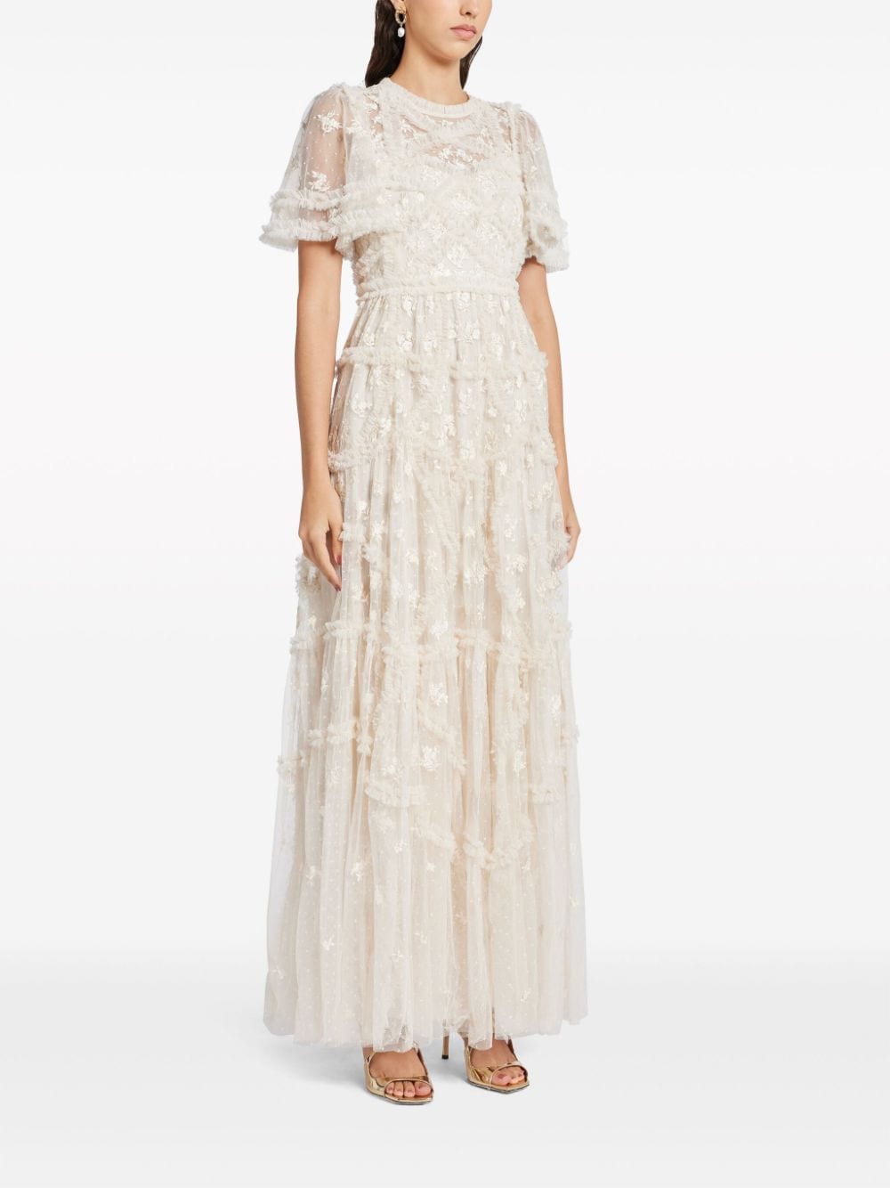 Shop Needle & Thread Evelyn Ruffled Tulle Gown In Neutrals