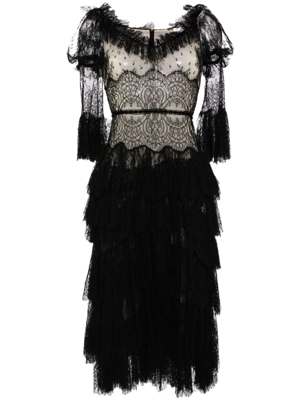 Pre-owned Alexander Mcqueen Semi-sheer Tiered Midi Dress In Black