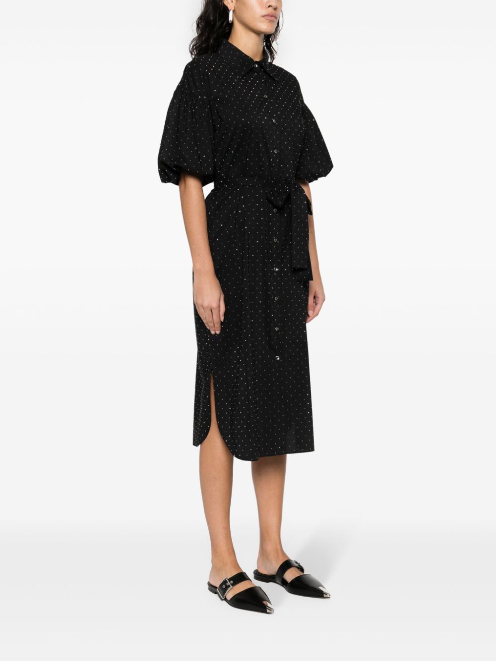 NISSA RHINESTONE-EMBELLISHED MIDI SHIRT DRESS 