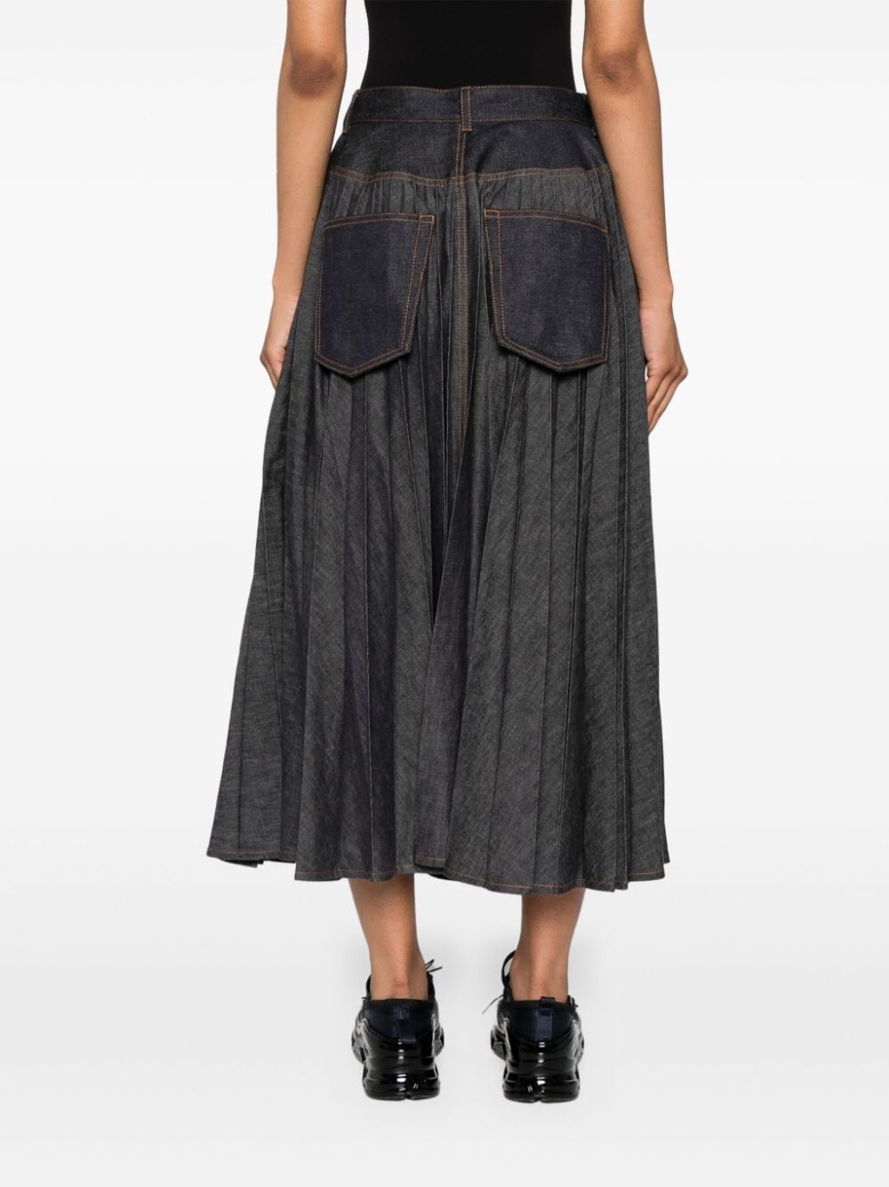 Shop Sacai Pleated Denim Midi Skirt In Blue