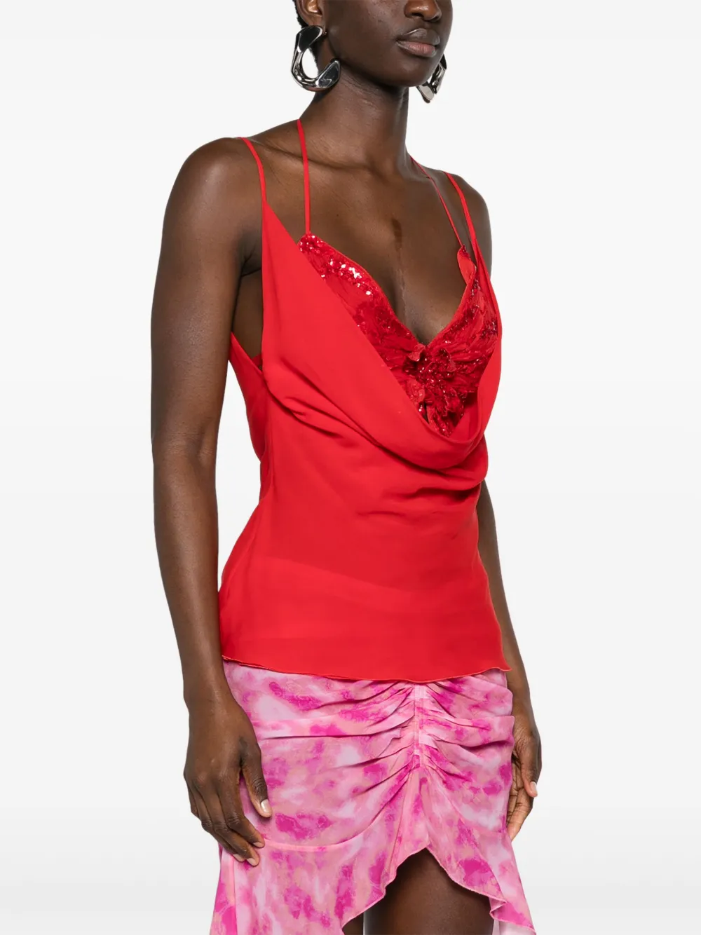 Blumarine Butterfly-motif Layered Silk Top In Red