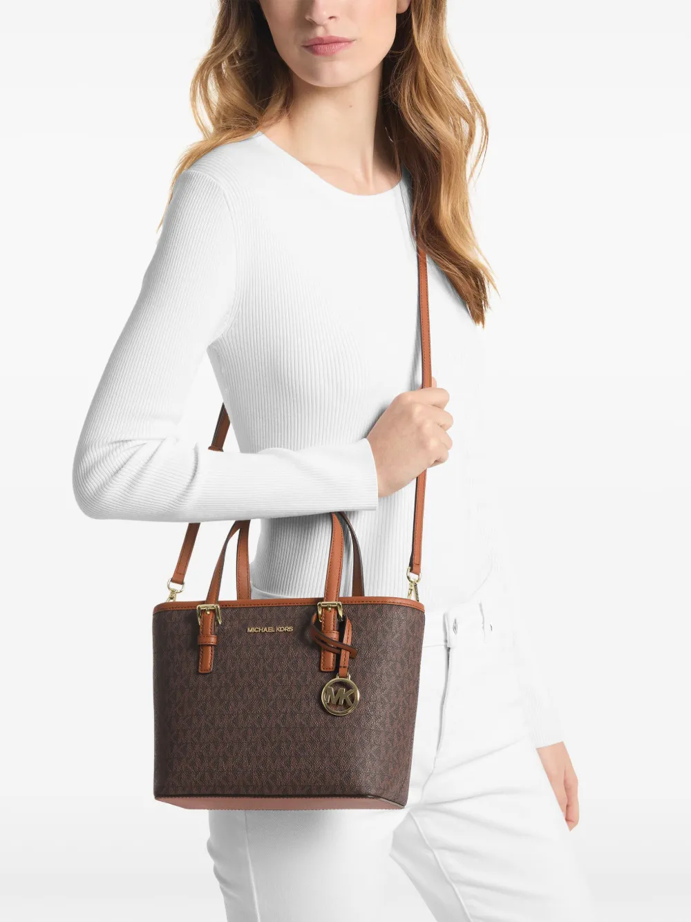 Michael Kors Kleine Jet Set shopper met monogramprint Bruin