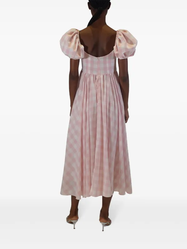 azeeza pink dress Azeeza Women's Rory Gingham Cotton Puff-Sleeve Midi Dress in Tea Pink Gingham Size Medium