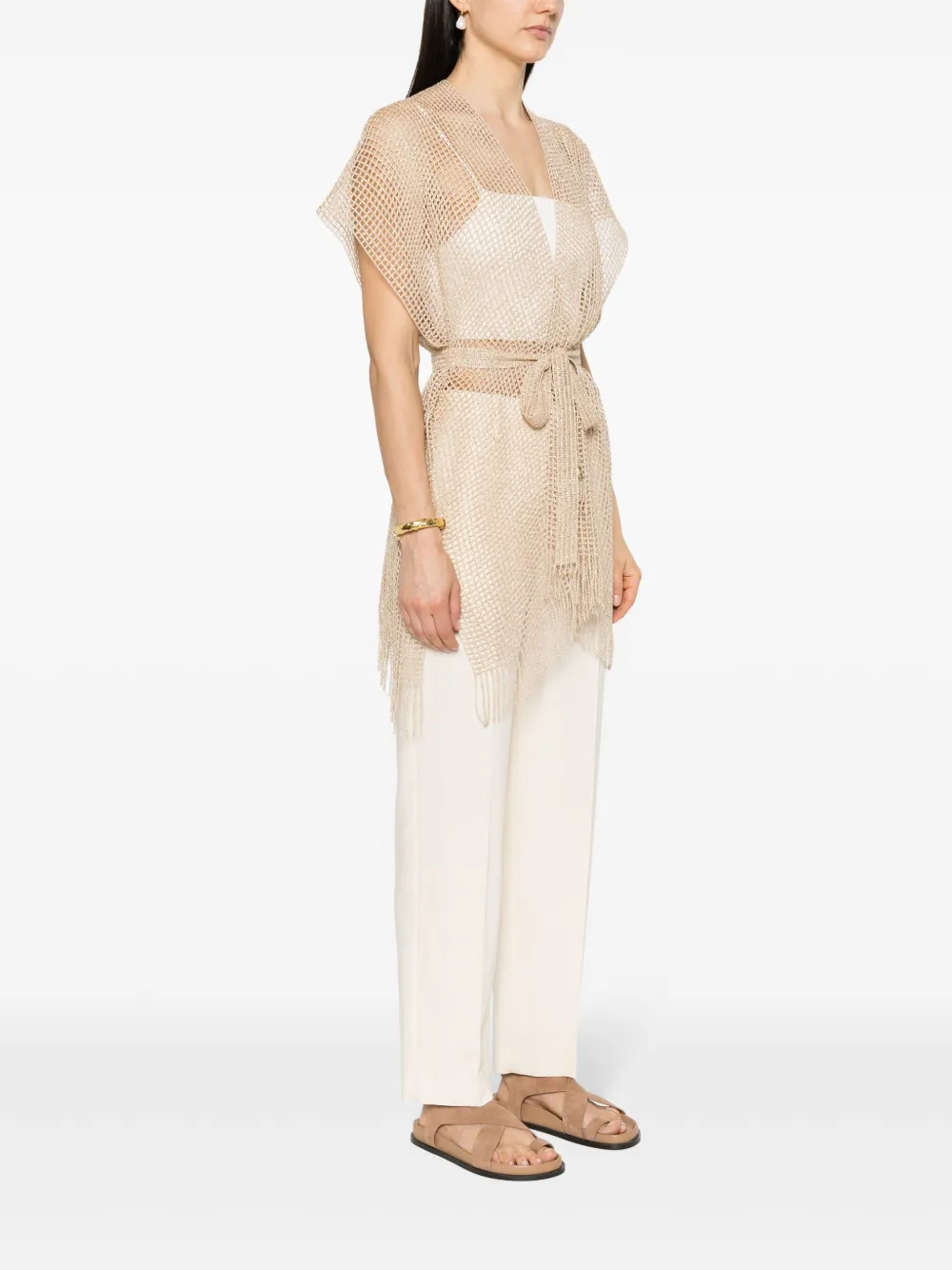 Twinset Lamé Open-knit Gilet In Gold
