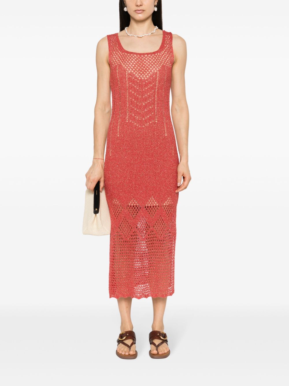 Shop Twinset Metallic Open-knit Maxi Dress In Red