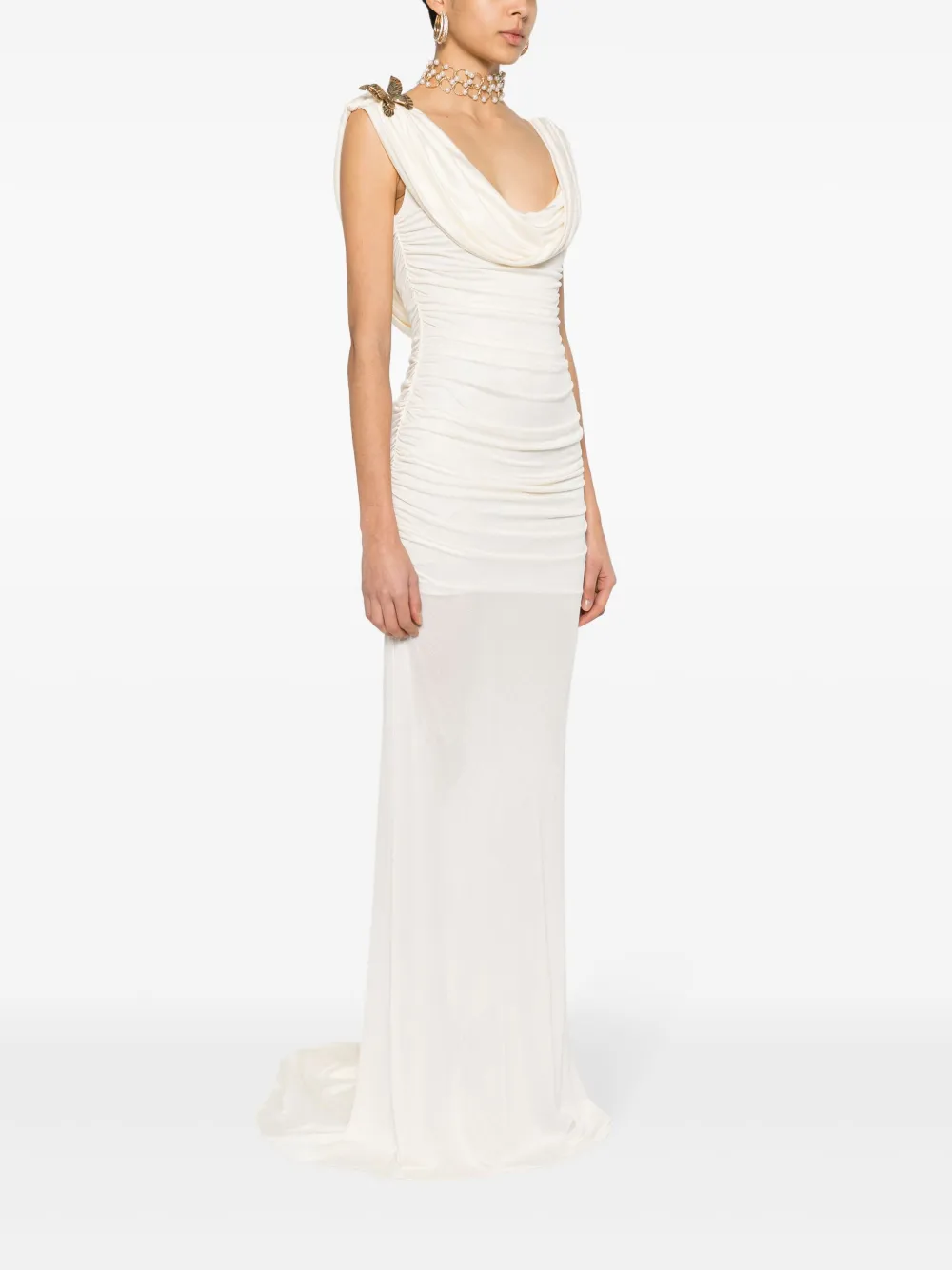 Blumarine Butterfly-brooch Maxi Dress In Neutrals