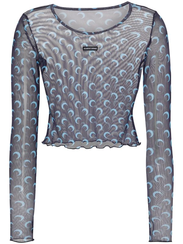 Marine Serre Crescent-Moon-print Mesh Top | Blue | FARFETCH AM