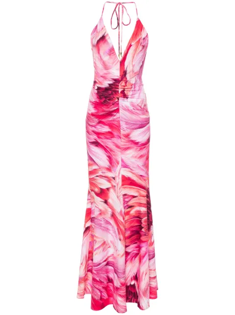 Roberto Cavalli feather-print halterneck dress