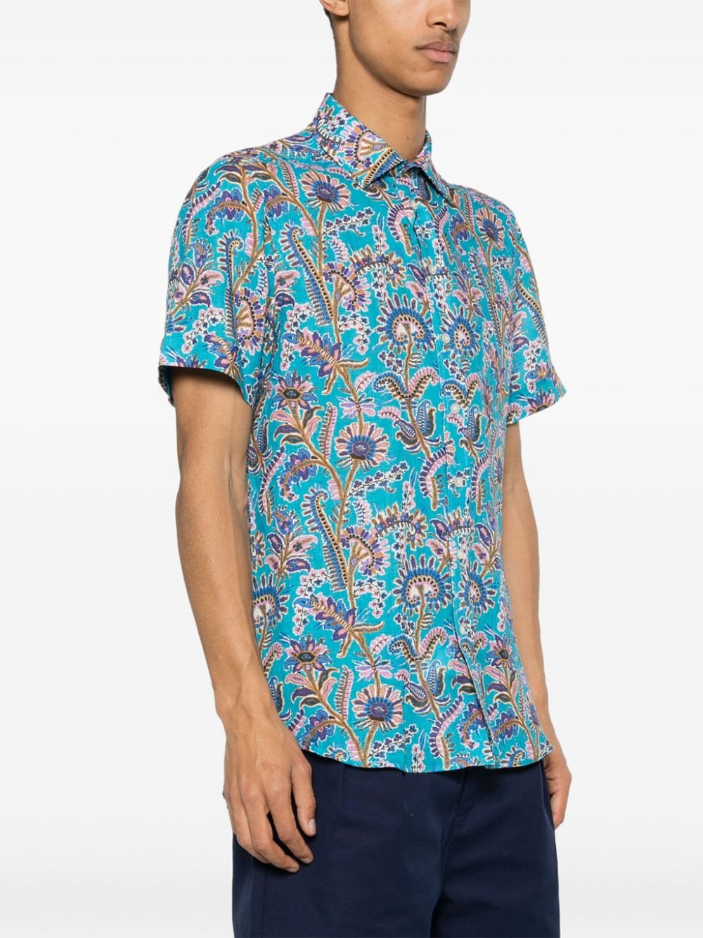 Shop Etro Floral-print Linen Shirt In Blue