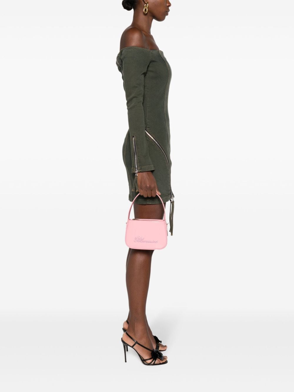 Shop Blumarine Rhinestoned Leather Shoulder Bag In Pink