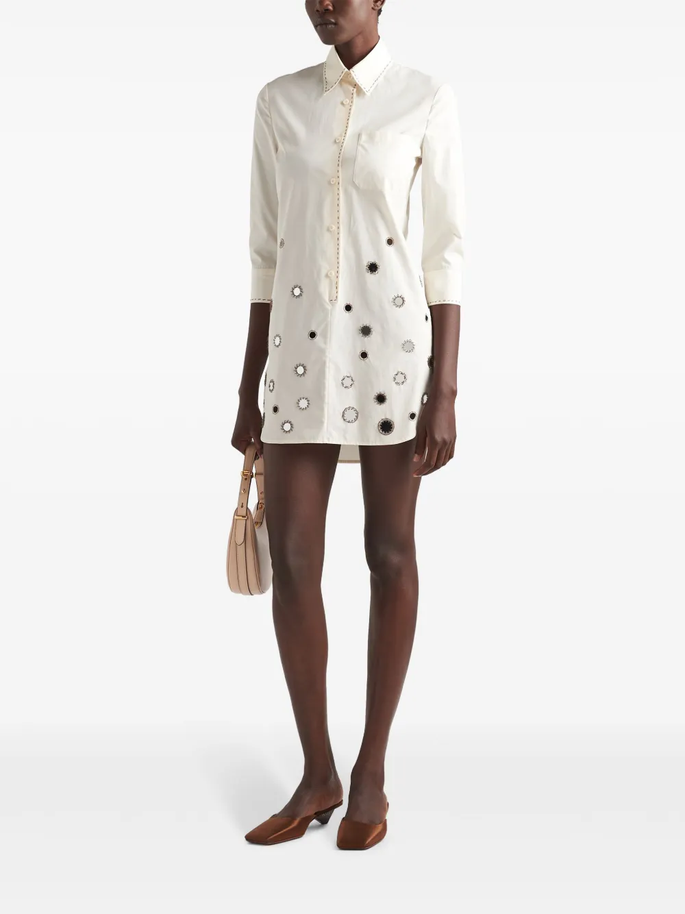 Shop Prada Appliqué-detail Cotton Shirtdress In Neutrals