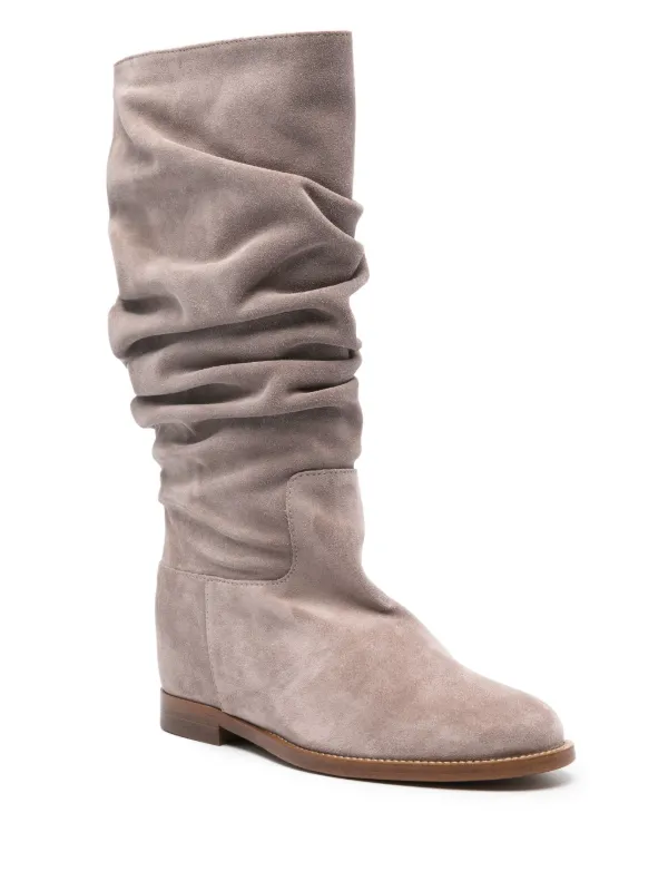 Via Roma 15 Ruched Suede Flat Boots Grey FARFETCH GE