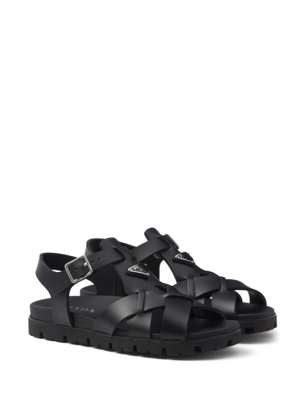 Shop Prada Triangle-logo Woven Sandals In 黑色