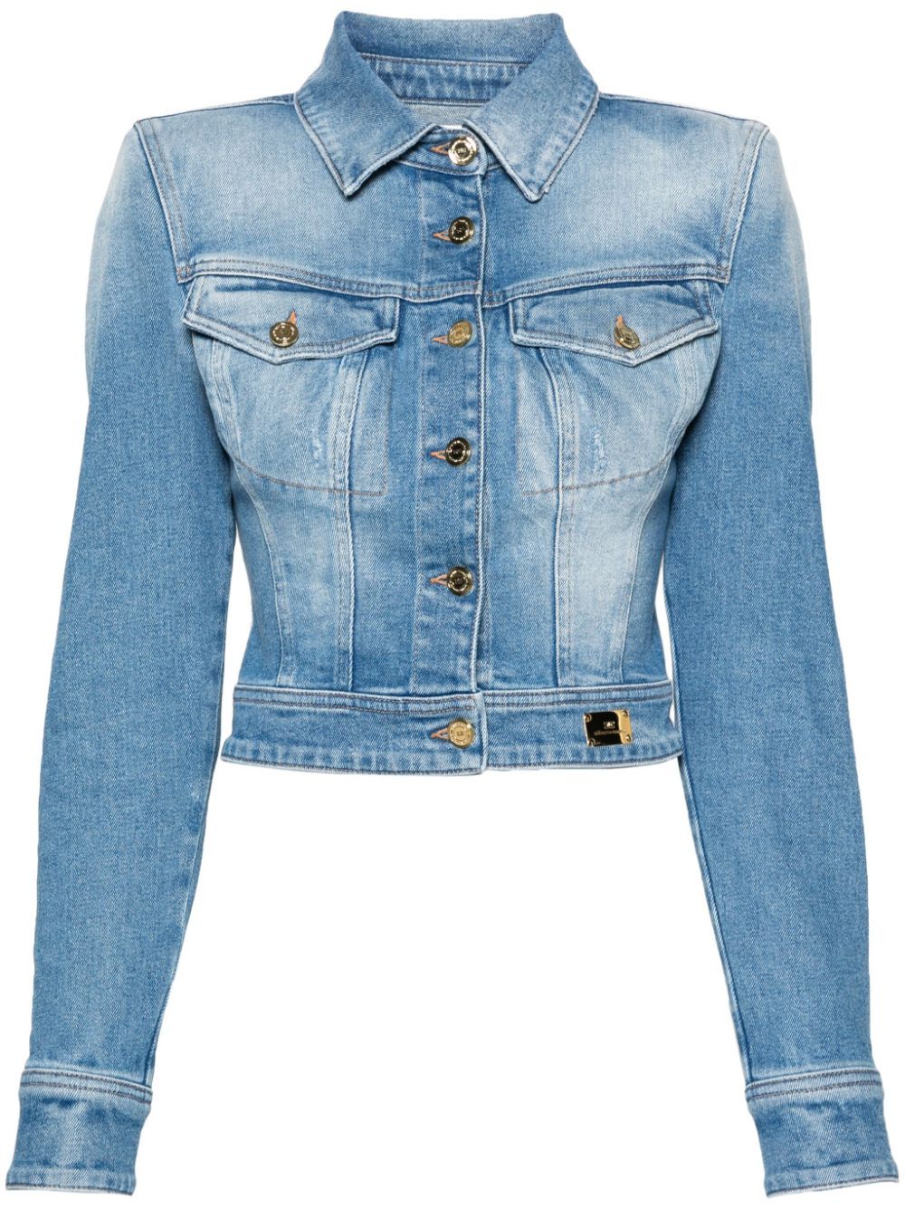 Shop Elisabetta Franchi Cropped Denim Jacket In Blue