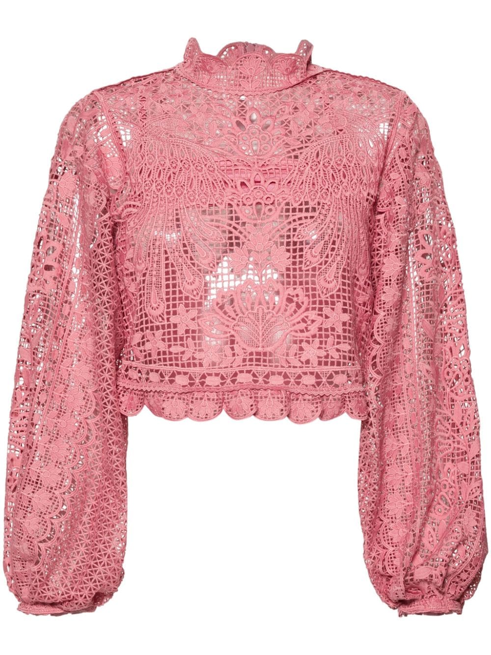 Shop Farm Rio Puff-sleeve Guipure Blouse In Pink