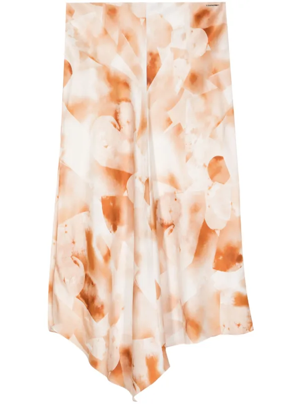 Calvin Klein Watercolour Print Satin Midi Skirt in Neutrals