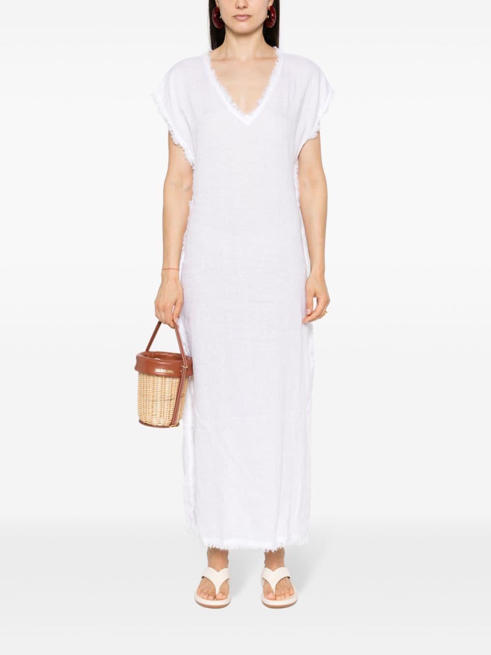 Shop P.a.r.o.s.h Frayed-edge Linen Dress In White