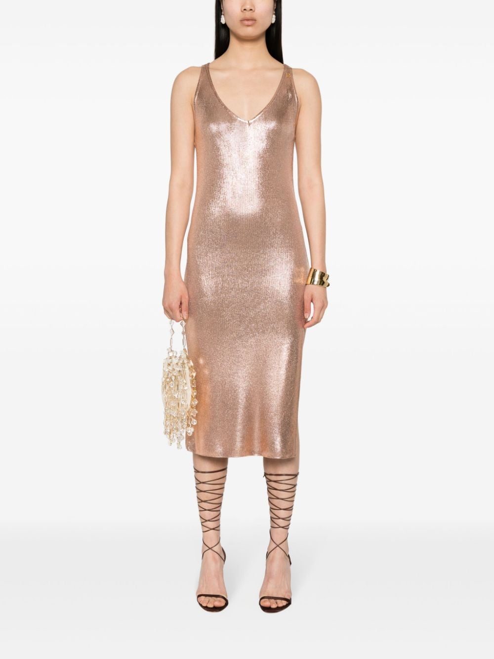 Shop Elisabetta Franchi Laminated Midi Dress In Gold