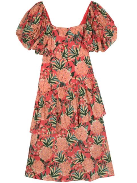 FARM Rio Pineapple Bloom puff-sleeve midi dress