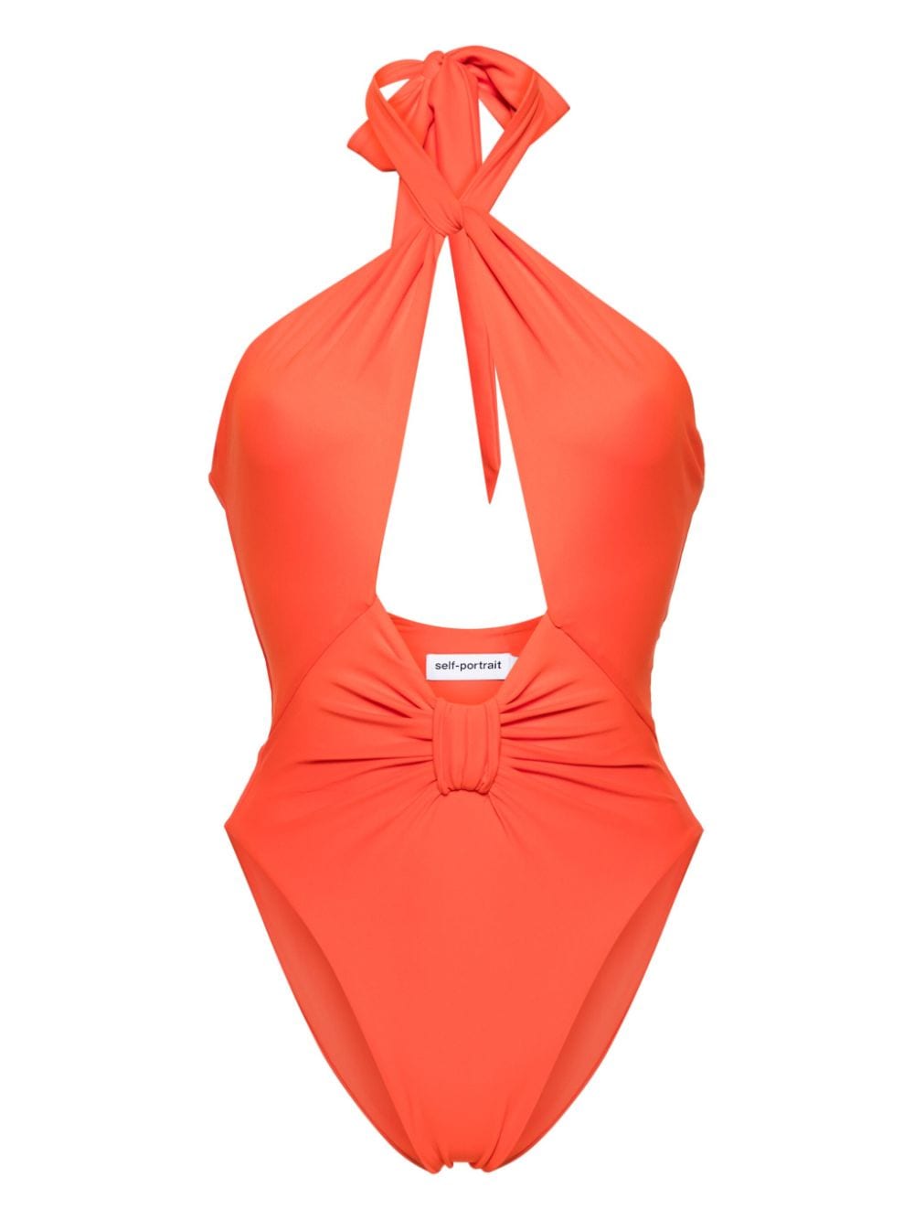 Self-portrait Bow-detail Halterneck Swimsuit In Orange