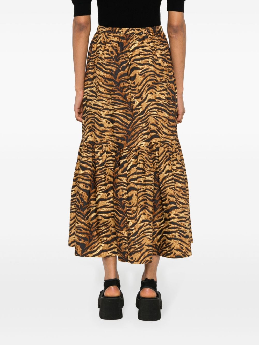 Shop Ganni Tiger-striped Poplin Midi Skirt In Brown
