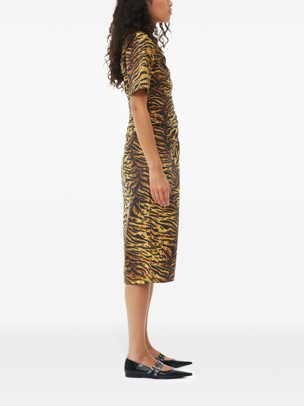 Shop Ganni Tiger-print Organic Cotton Dress In Brown