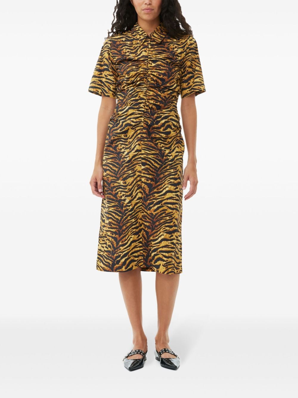 Shop Ganni Tiger-print Organic Cotton Dress In Brown