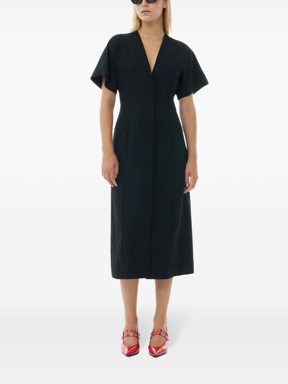 GANNI Midi-jurk met V-hals - Zwart